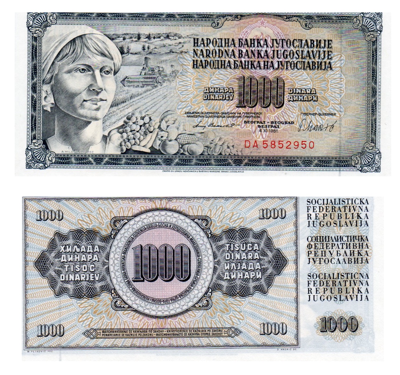 Yugoslavia #92d 1.000 Dinara / Dinarjev / Dinari